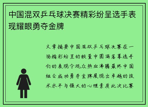 中国混双乒乓球决赛精彩纷呈选手表现耀眼勇夺金牌